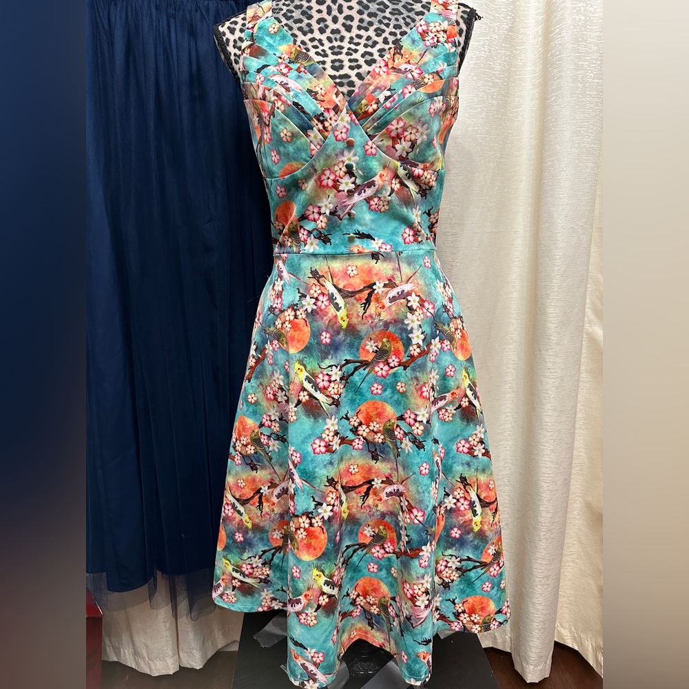 Voodoo Vixen Teal and Orange Floral Midi Dress with Charming Bird Motif